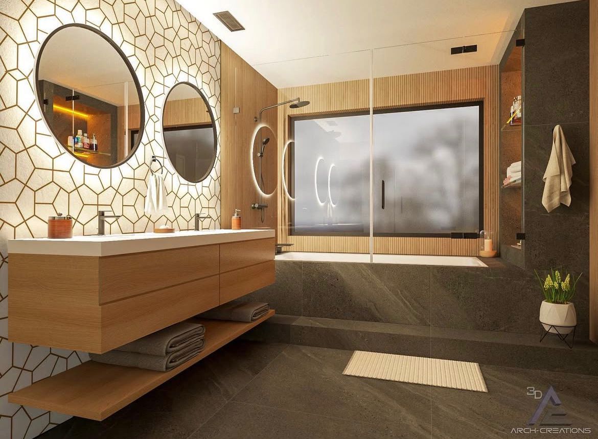 Modern bathroom with wood accents, geometric tile, two round mirrors, and a glass shower.