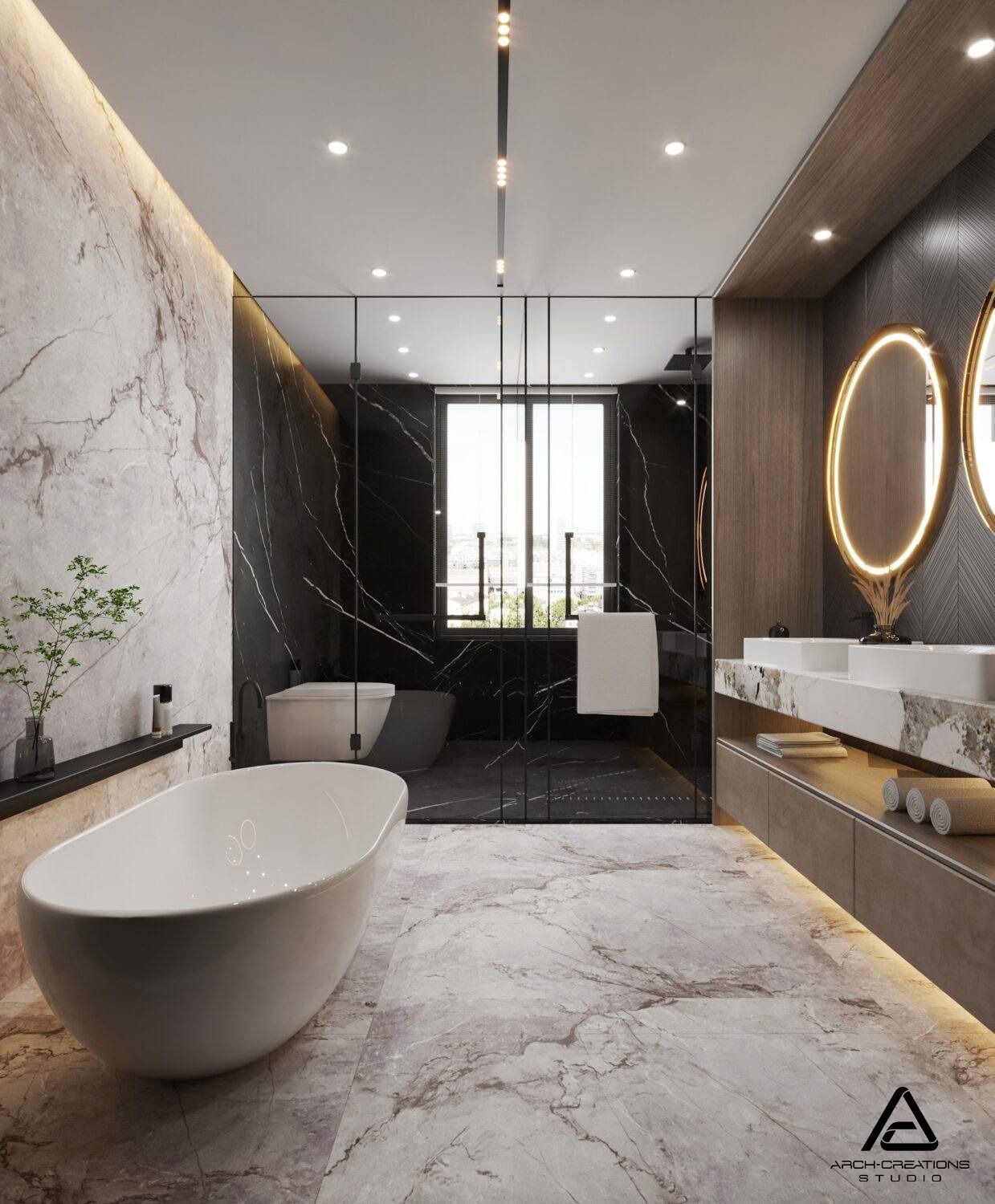 Luxurious bathroom: white tub, marble floors/walls, black shower, double sinks, and circular mirrors.
