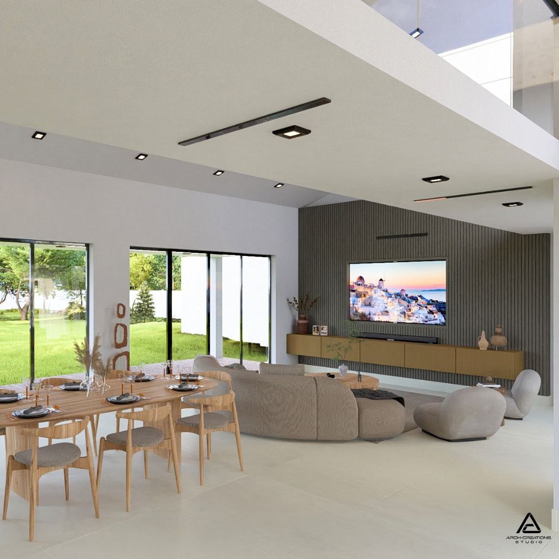 Modern open-plan living and dining room with light wood furniture, beige sofa, large windows, and garden view.
