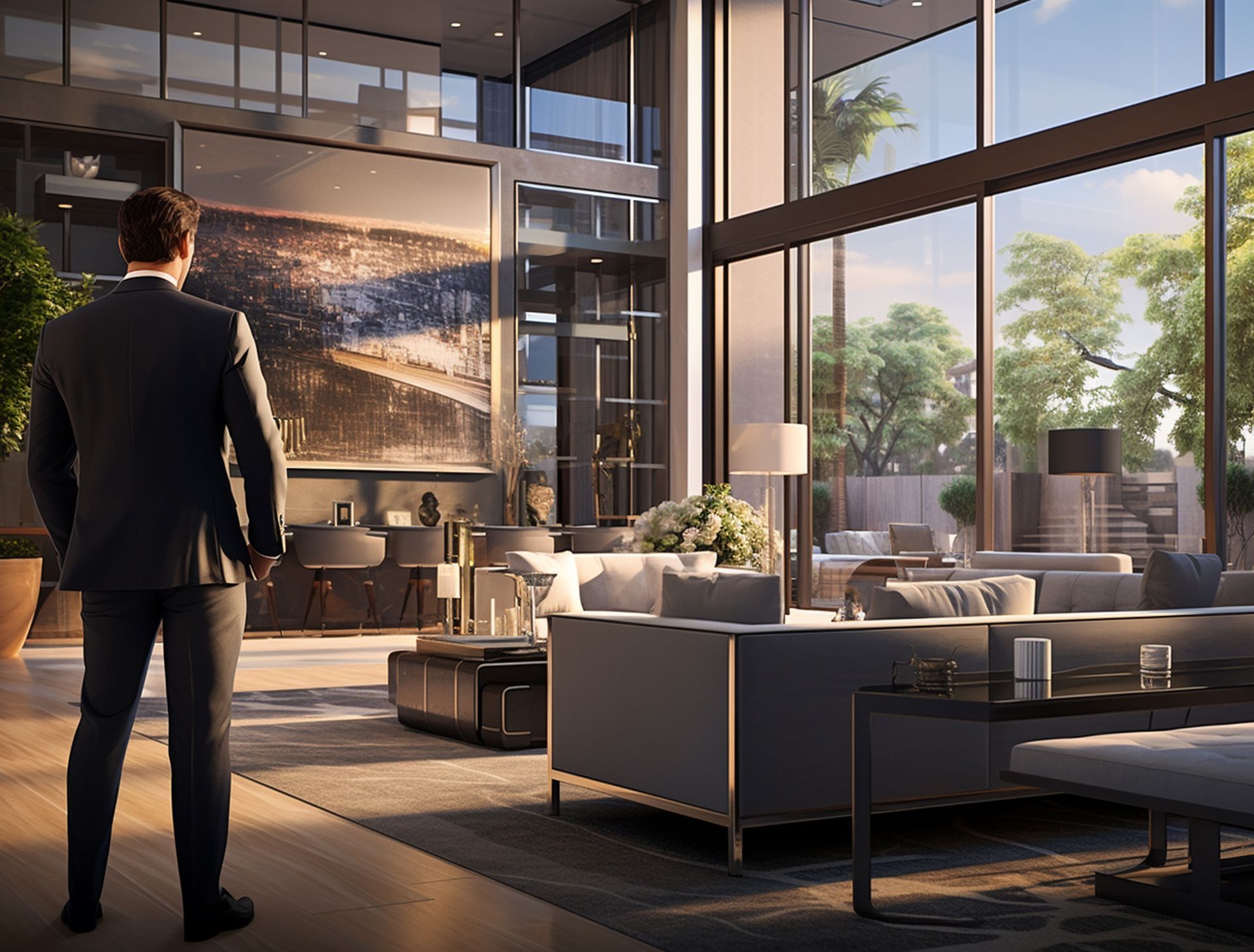 A man in a suit is standing in a living room