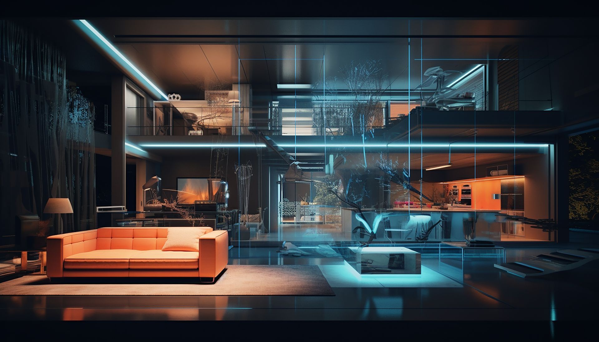 There is a couch in the middle of the living room of a modern house.