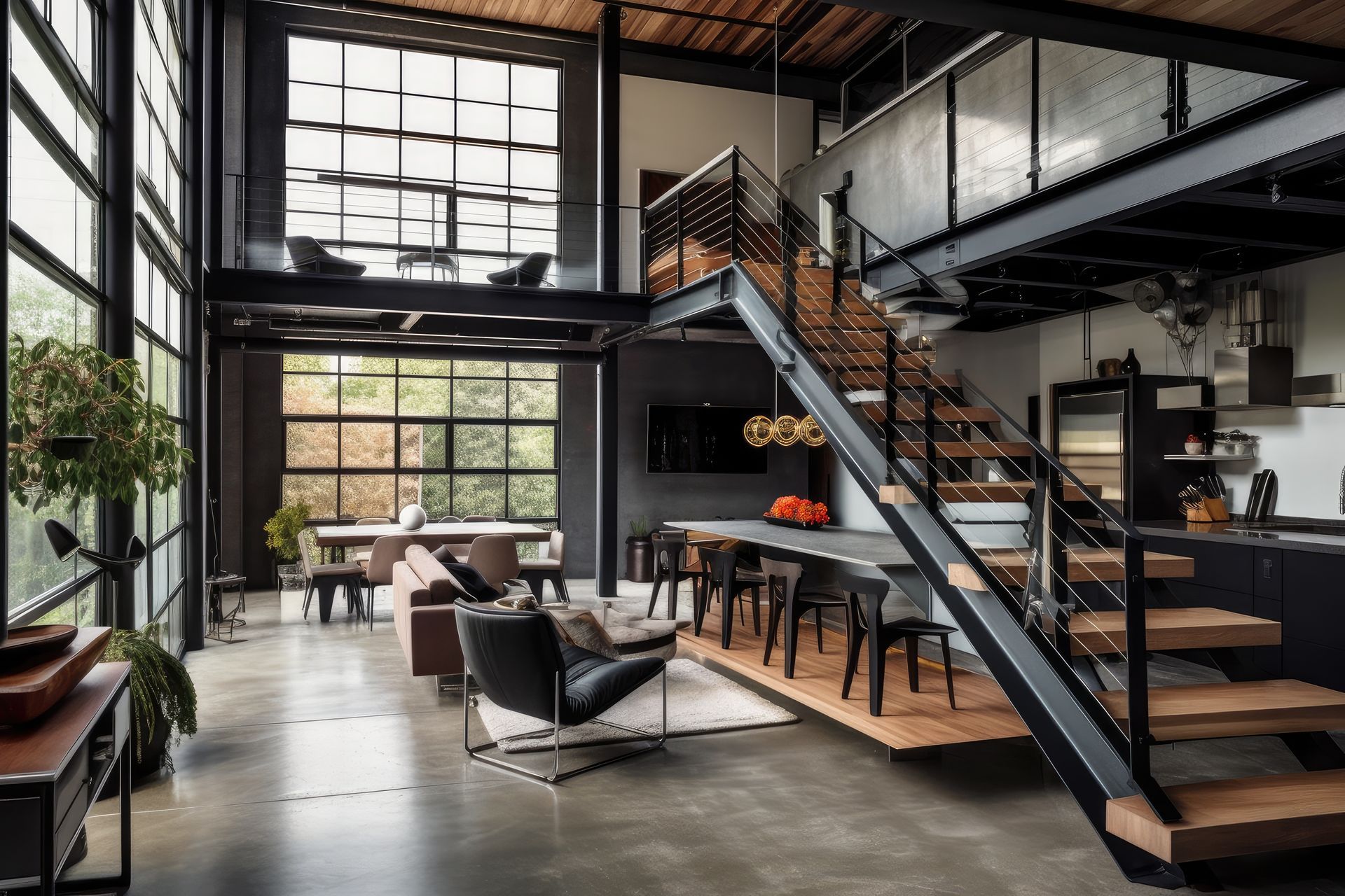 A living room with a staircase leading up to the second floor.