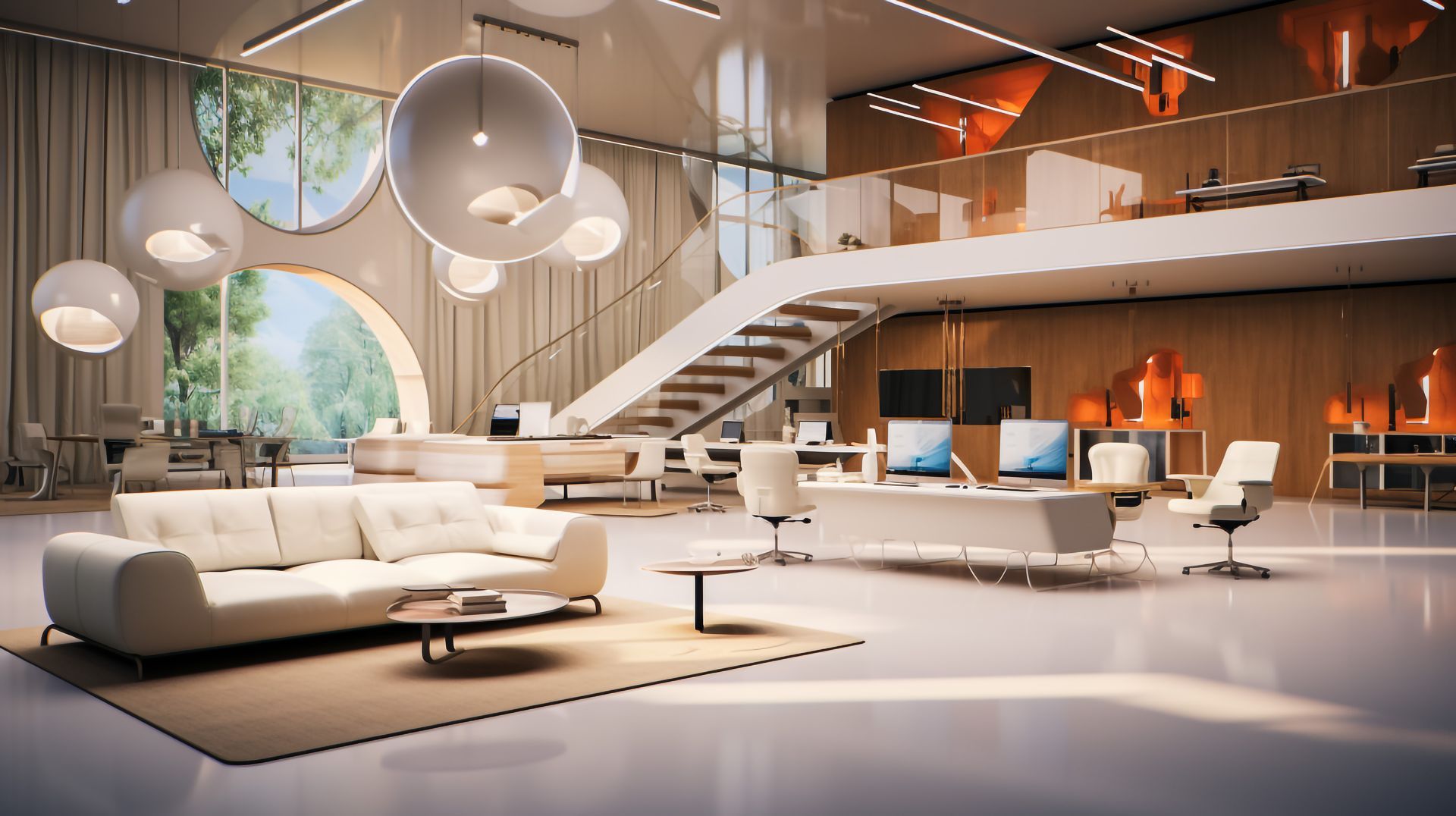A living room with a white couch and stairs