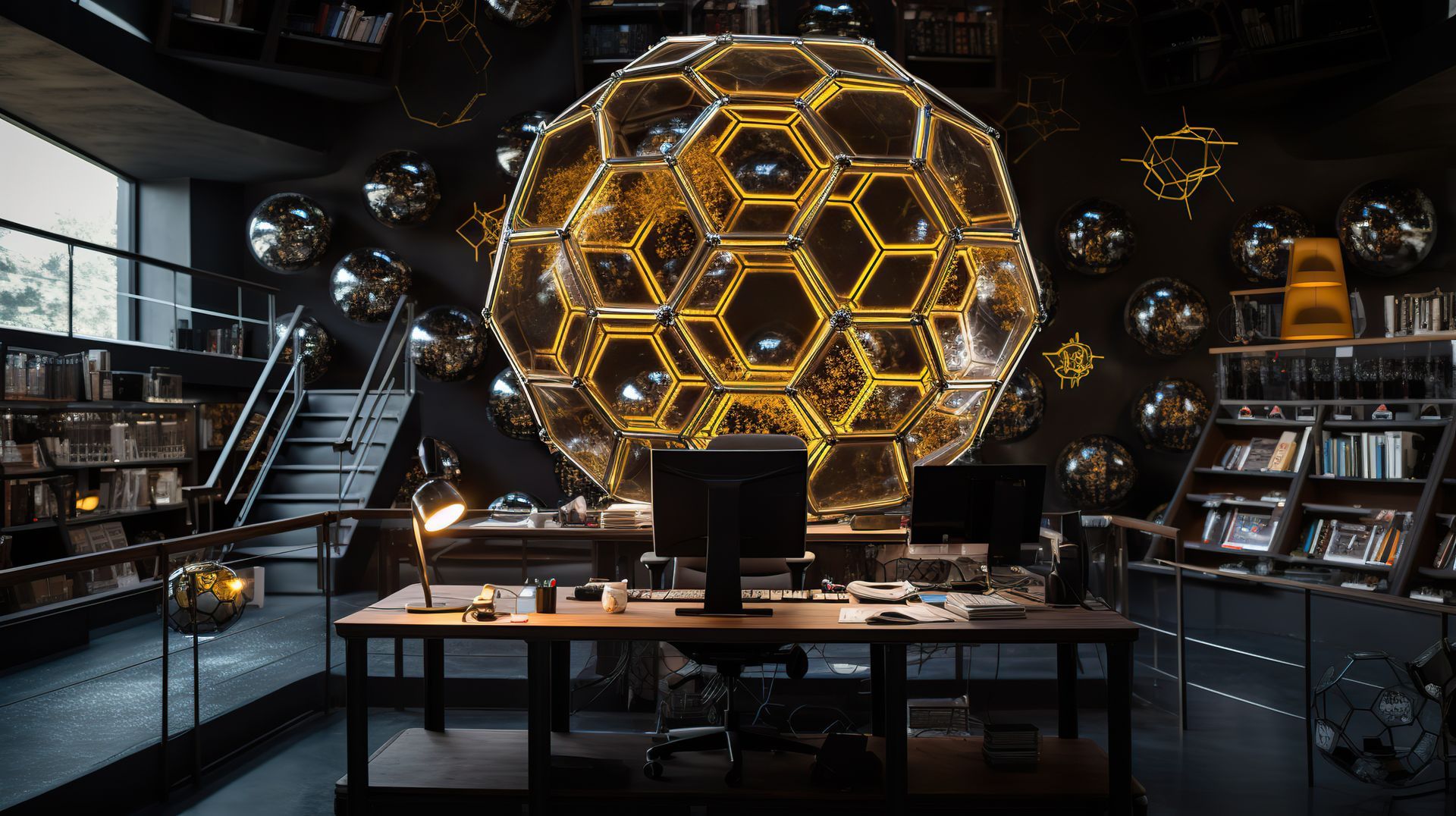 A dark room with a large honeycomb hanging from the ceiling.