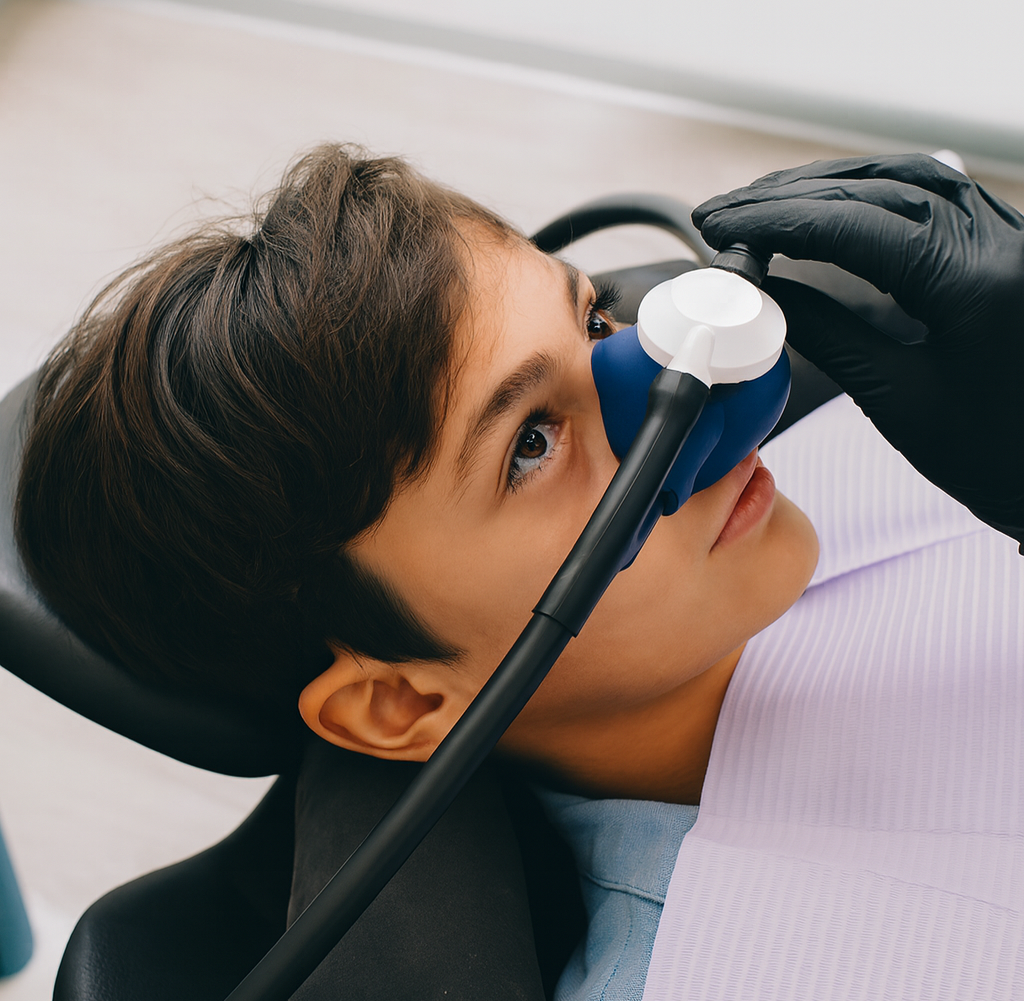 Boy in a dental chair wearing a blue nitrous oxide mask, being assisted by a person in black gloves.