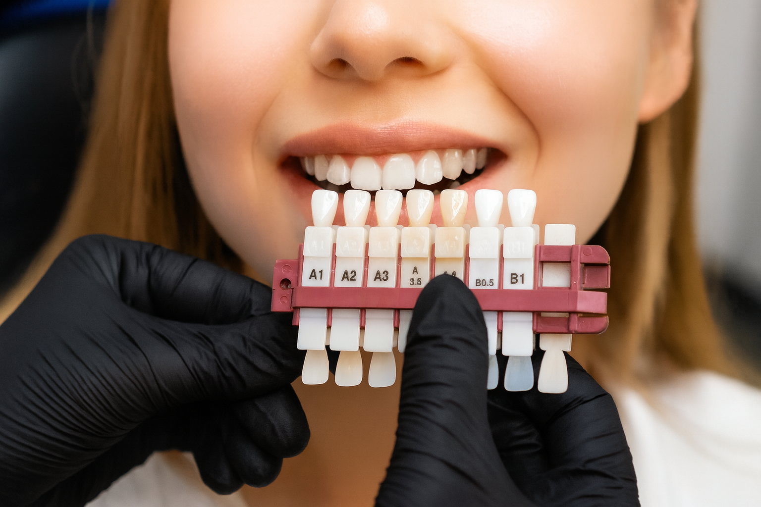 Dentist holding a teeth shade guide next to a smiling patient's teeth.