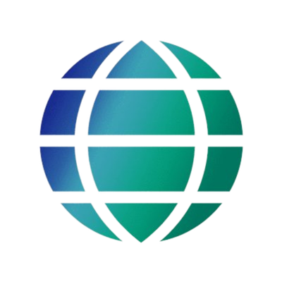 Blue and teal globe icon made of curved horizontal bands