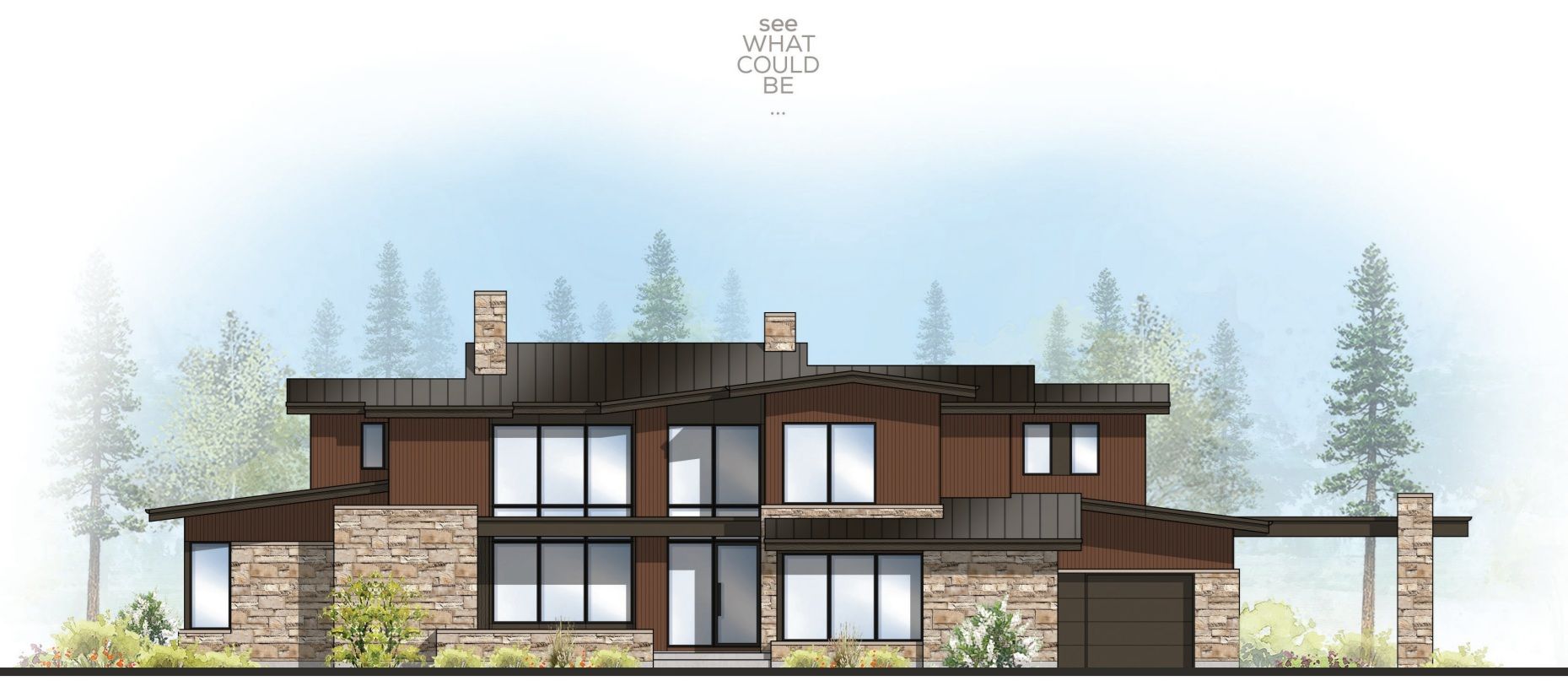 Modern home exterior with brown siding, stone accents, large windows, and a garage. Trees in the background.