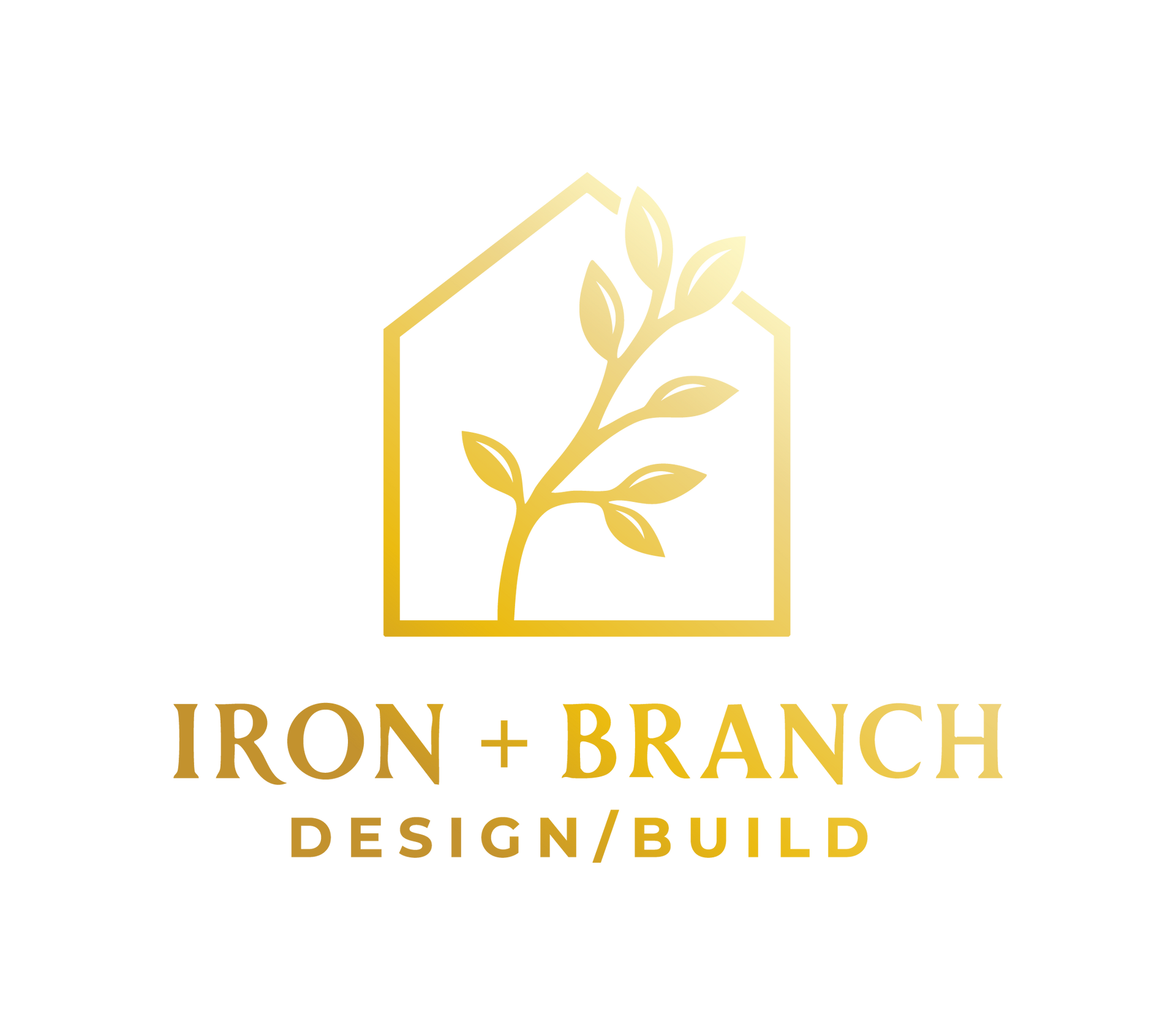 Gold logo: house outline with a branch and leaves inside, text