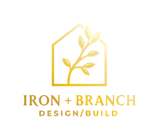 Gold logo: house outline with a branch and leaves inside, text