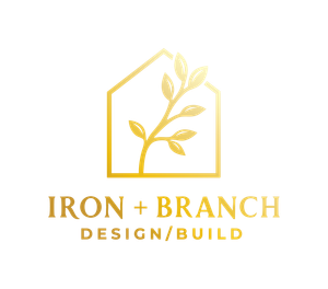 Gold logo: house outline with a branch and leaves inside, text