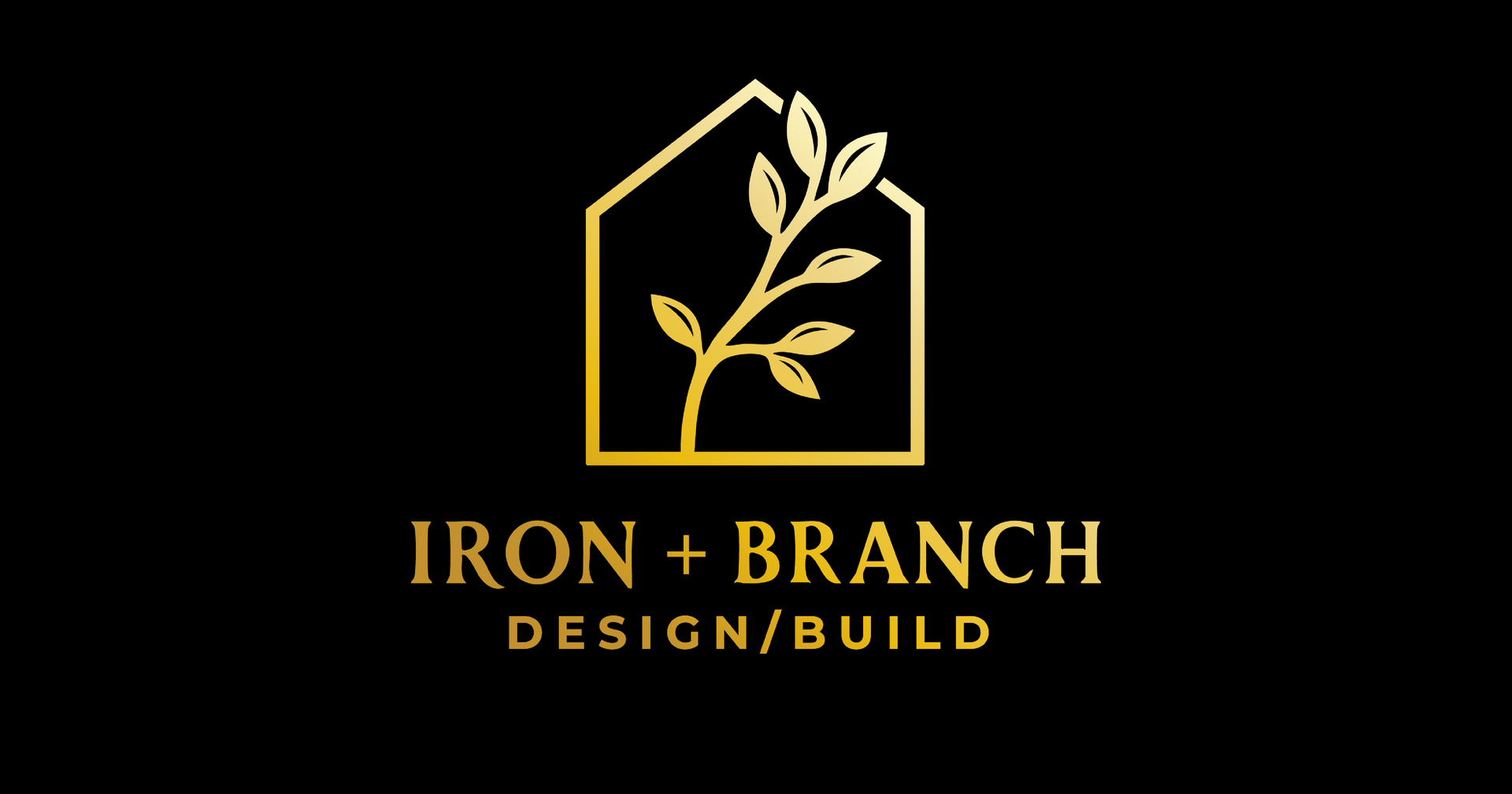 Gold logo: House outline with leafy branch,
