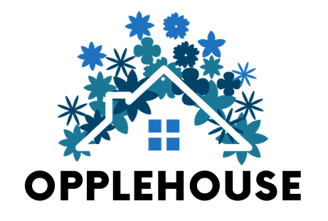 OPLEHOUSE logo with blue house roof and snowflake-like flowers above bold black text