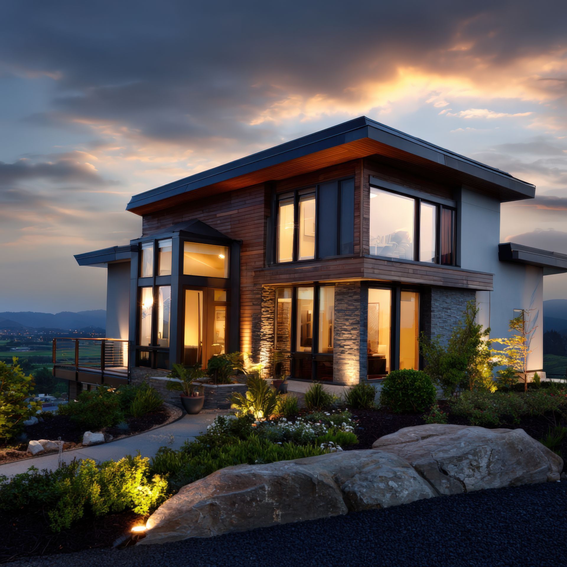 Modern two-story house with stone and wood exterior, lit at dusk, overlooking a landscape with a cloudy sky.