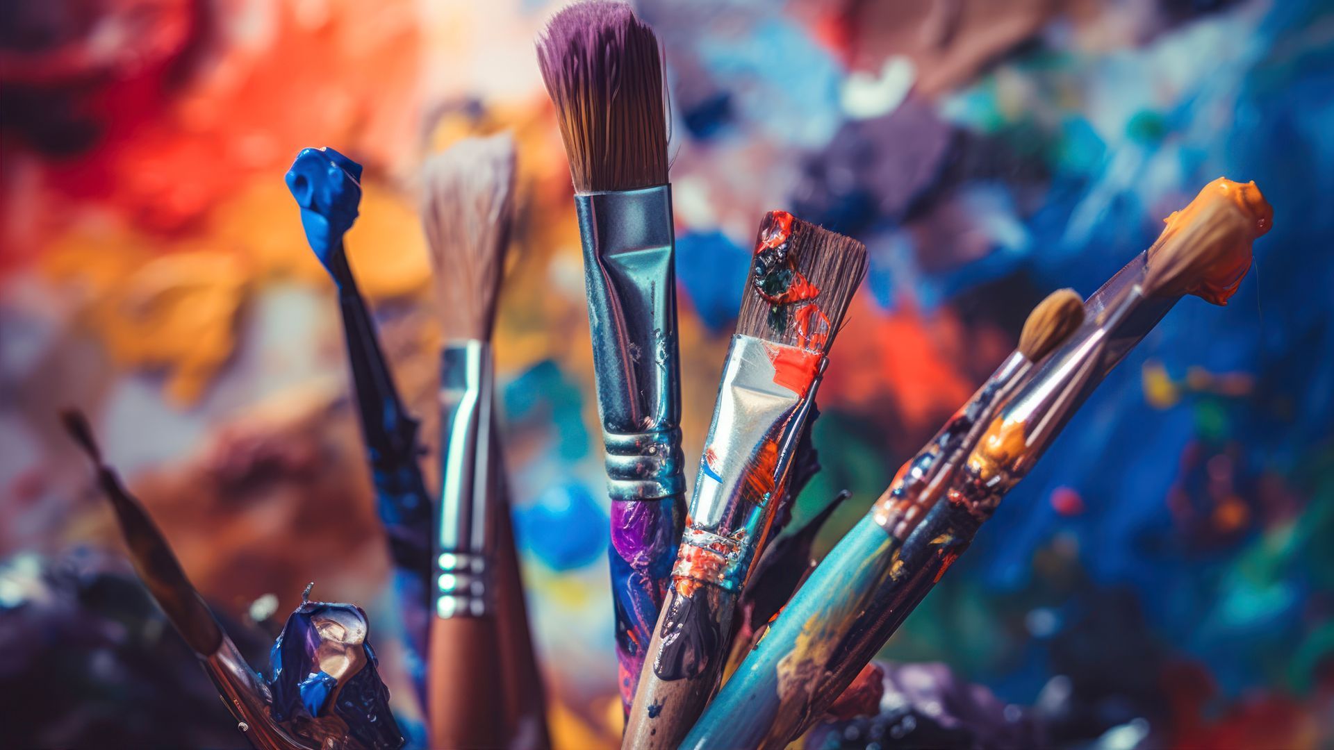 a bunch of paint brushes are sitting on a table