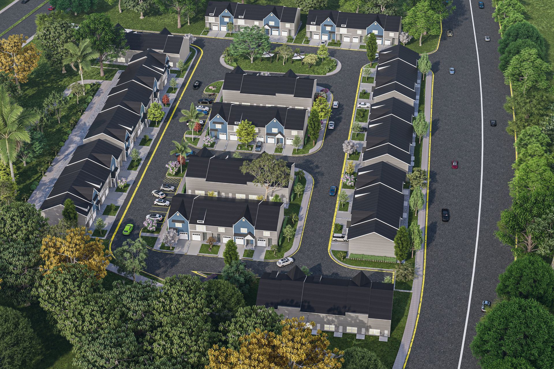 Aerial view of a suburban neighborhood with rows of houses, roads, trees, and a central roundabout.