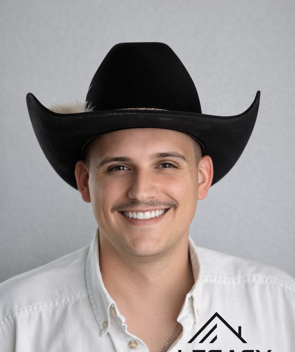 Man in cowboy hat smiles; light background.