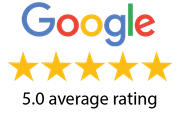 Google logo with five gold stars and the text “5.0 average rating”