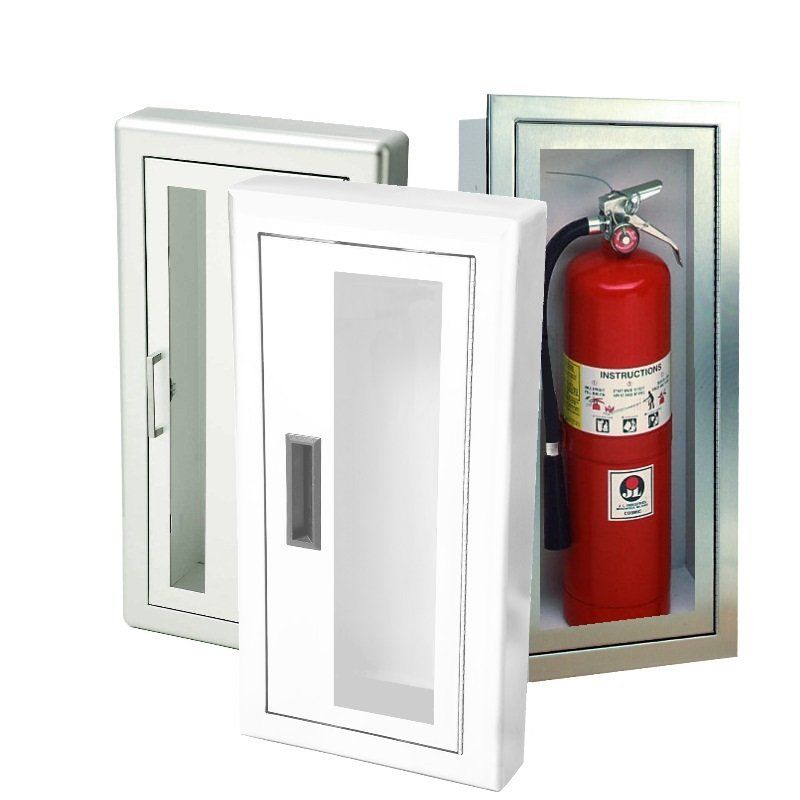 Wall-mounted fire extinguisher cabinet with white door, showing a red extinguisher inside