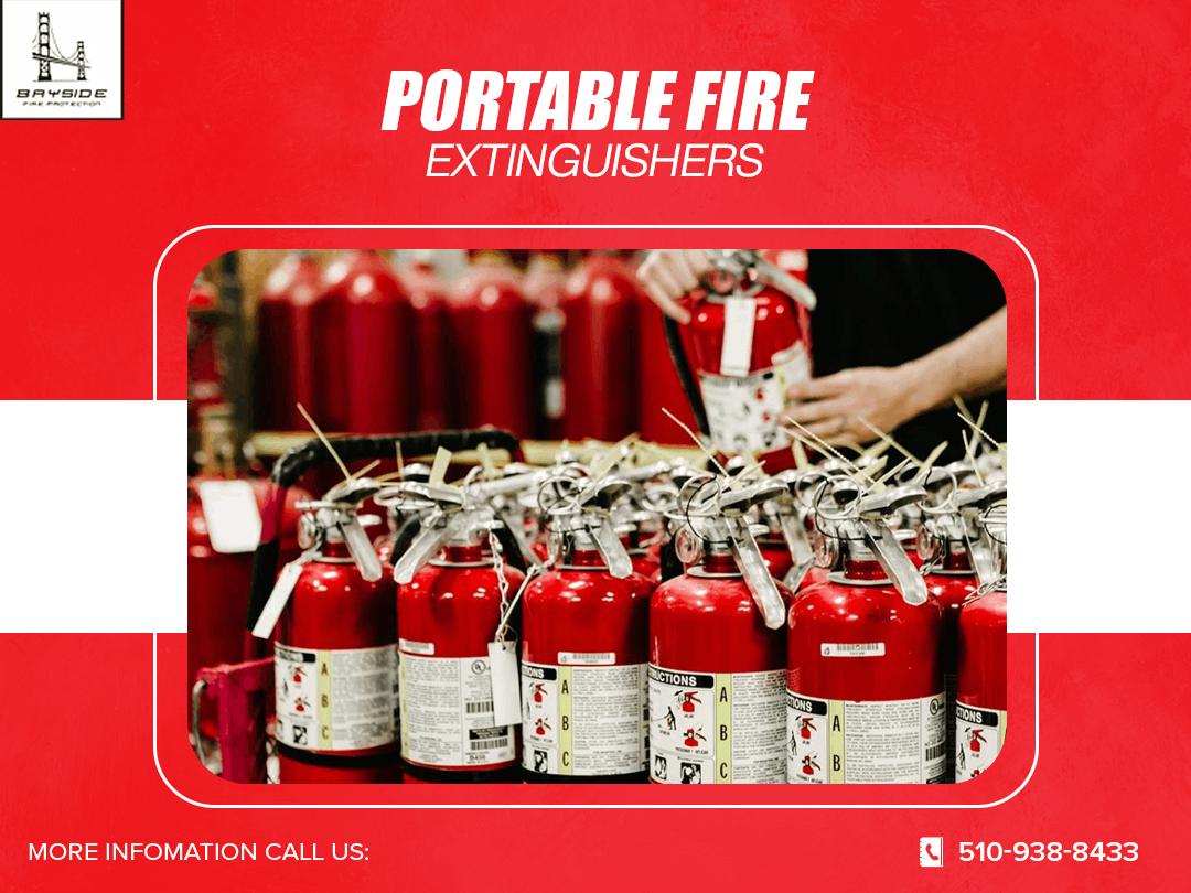 Red poster of portable fire extinguishers with rows of red extinguishers and a hand holding one.