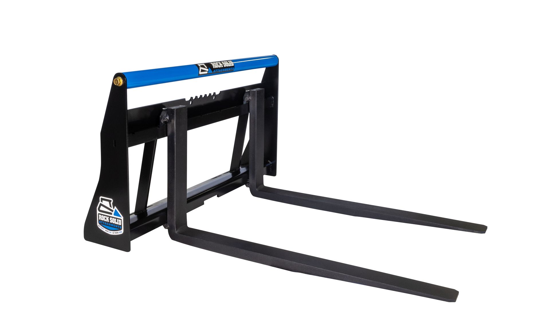 A pair of forks attached to a forklift on a white background.