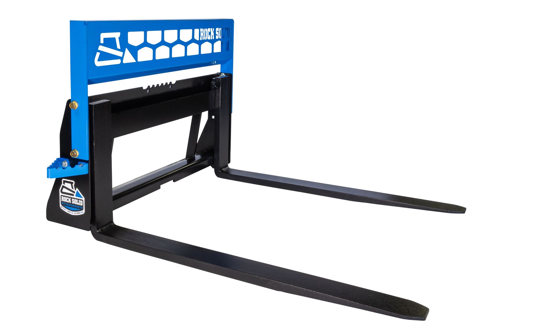 A pair of forklift forks with a blue and black frame on a white background.