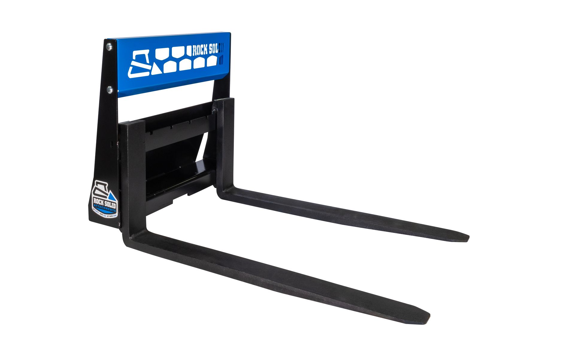 A pair of forklift forks with a blue frame on a white background.