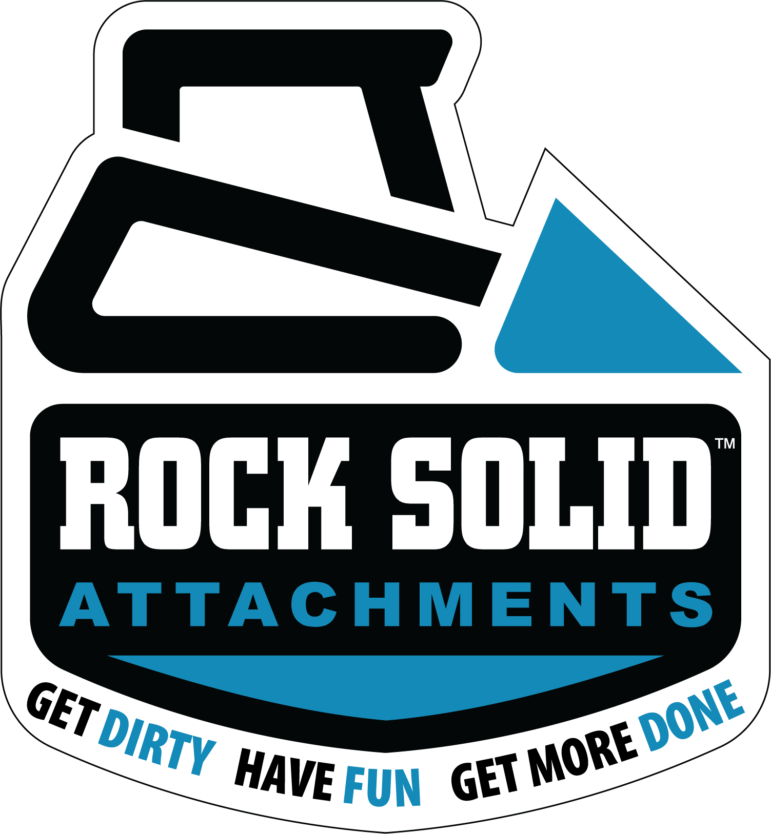 The logo for rock solid attachments says get dirty have fun get more done.
