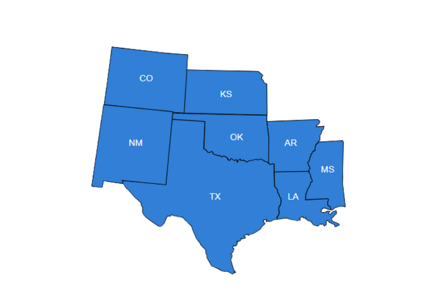 A map of the united states showing the states of texas and oklahoma