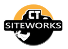 Logo for CT Siteworks: excavator silhouette over text, black and white on orange circle.