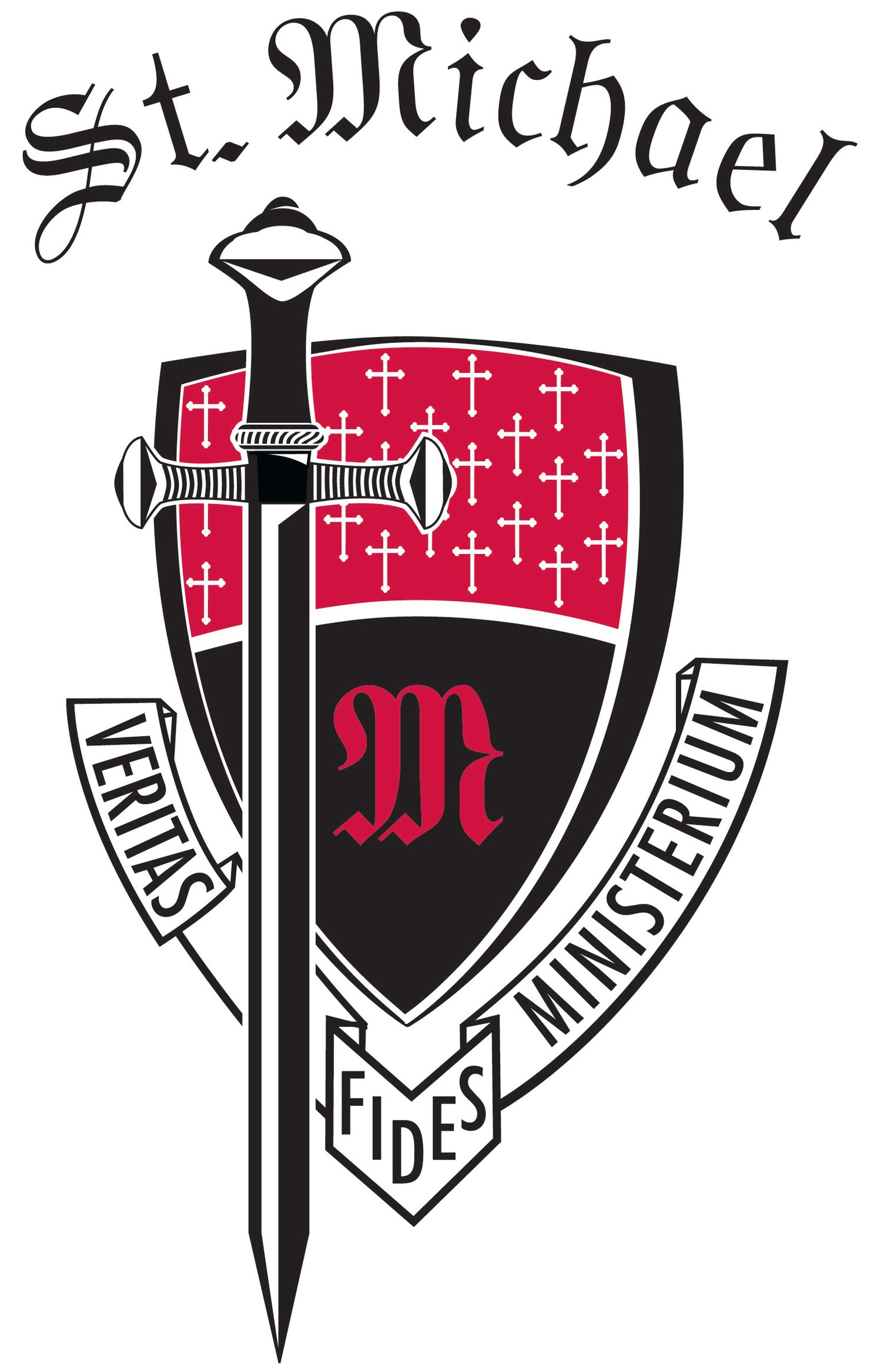 St. Michael school crest with red-and-black shield, sword, and banner reading “Veritas Fides Ministratio”