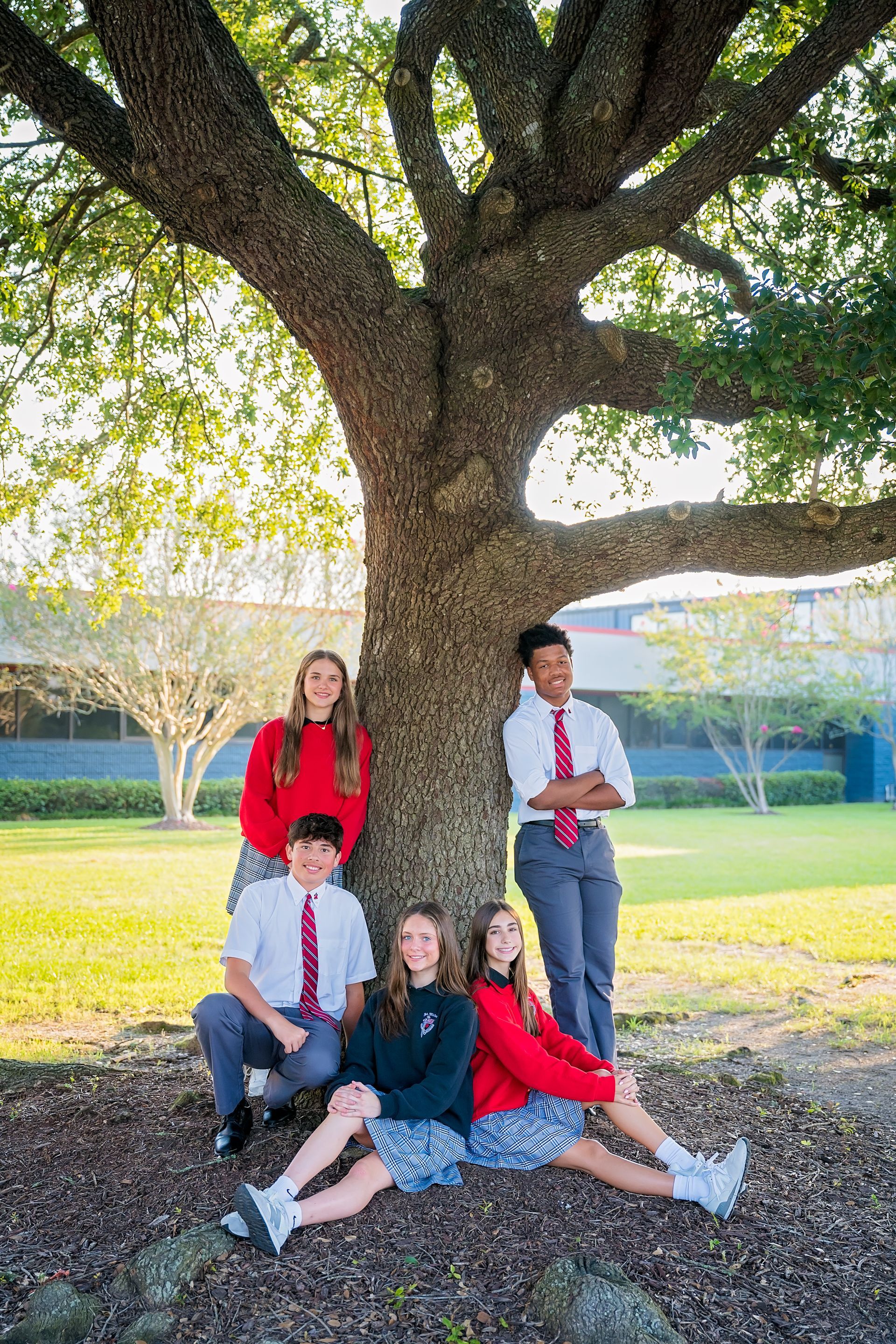 Four students pose under a large tree in a sunny park, with one seated and three standing.