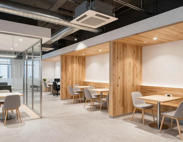 Ufficio moderno open space con cabine, tavoli e sedie in legno sotto faretti a vista sul soffitto.