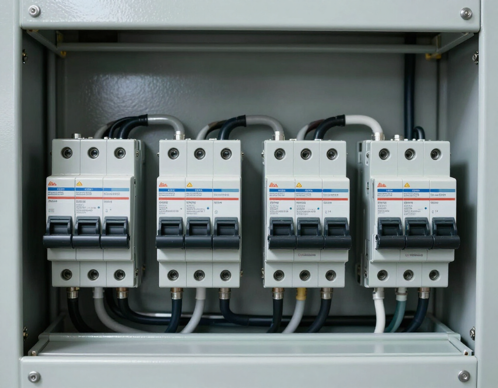 Quadro elettrico con quattro interruttori automatici in un contenitore metallico grigio