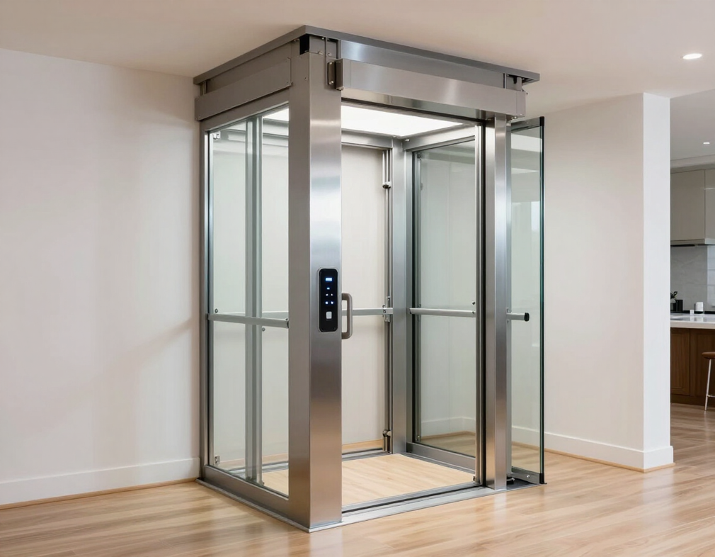 Ascensore domestico in vetro con porte aperte in una stanza luminosa con pavimenti in legno.