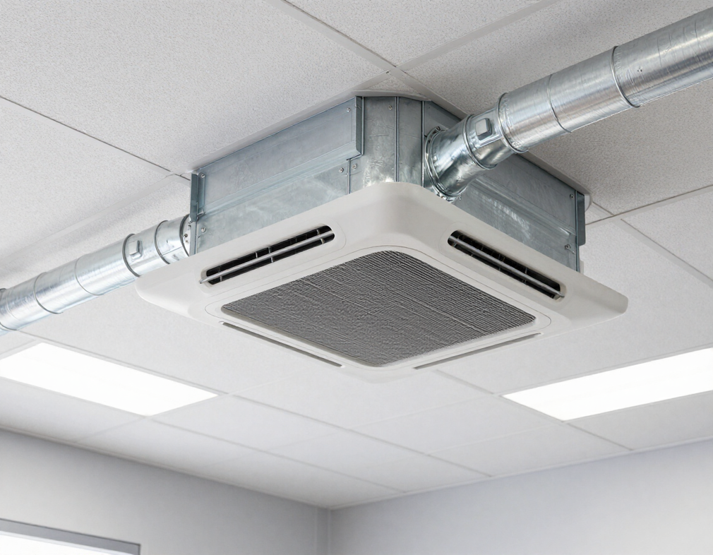 Bocchetta di ventilazione a soffitto in un ufficio con canalizzazione metallica e pannelli del soffitto bianchi.