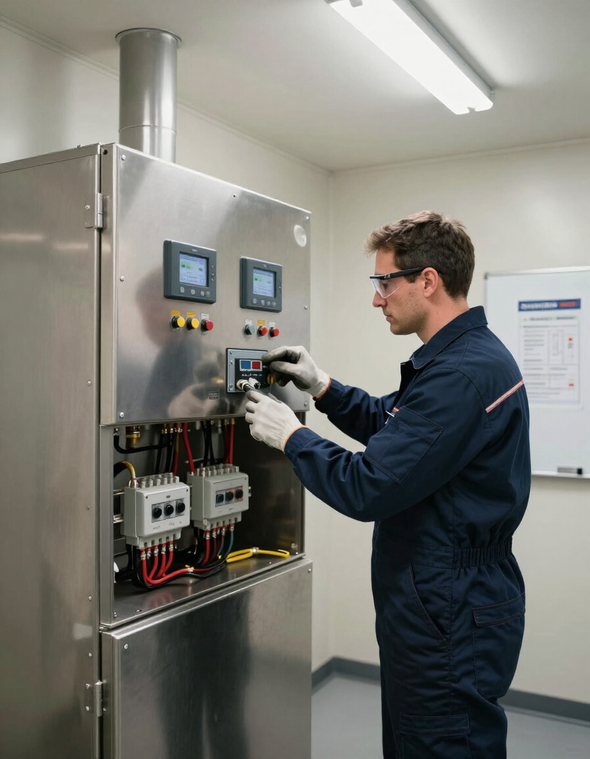 Un tecnico ispeziona i comandi all'interno di un armadio elettrico in acciaio inossidabile in un laboratorio luminoso.