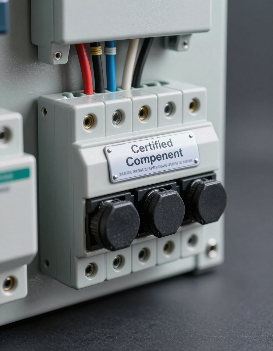 Pannello di controllo elettrico con cablaggio e connettori neri etichettati su un dispositivo grigio.
