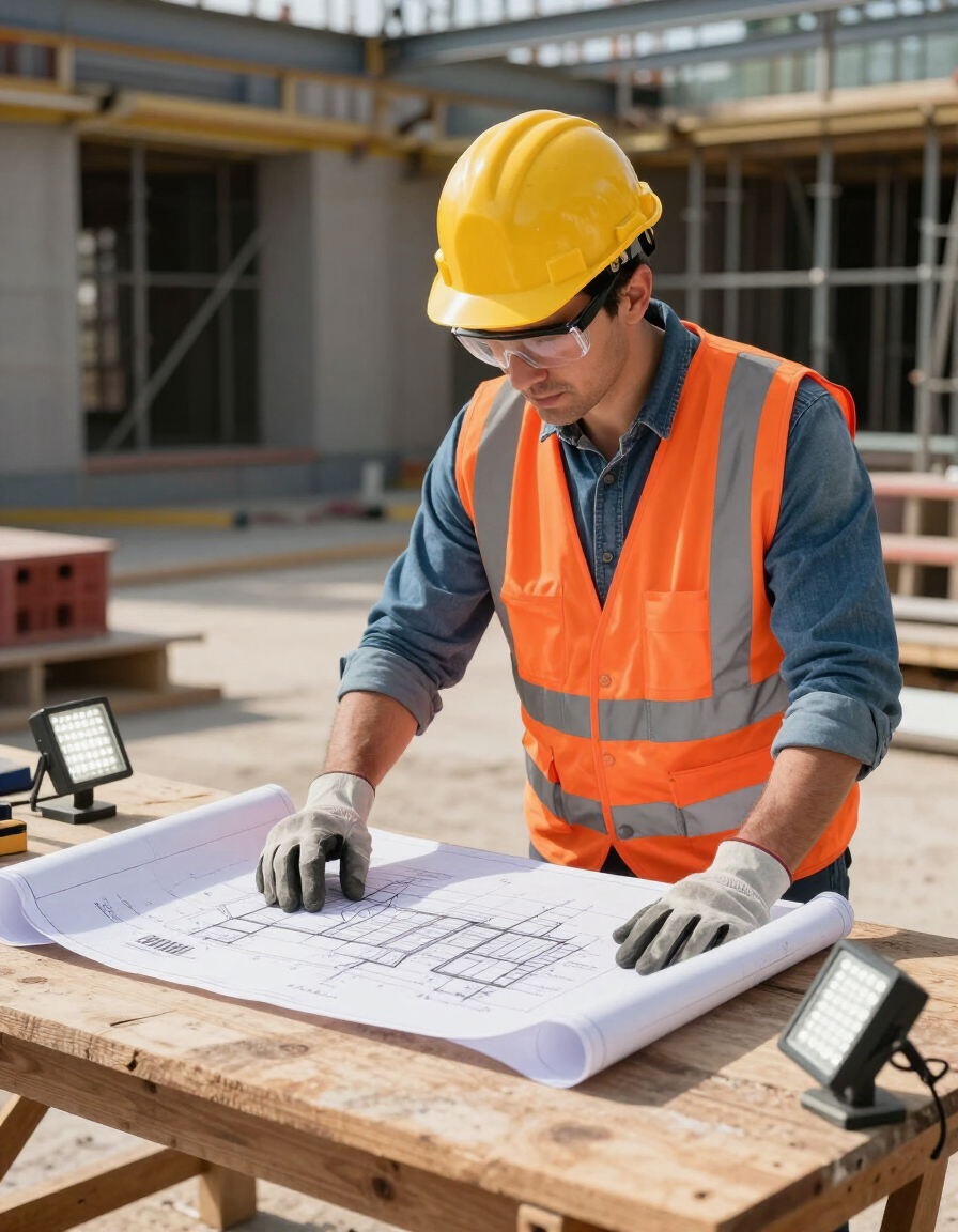 Un operaio edile con un elmetto giallo e un giubbotto arancione esamina i progetti in un cantiere.