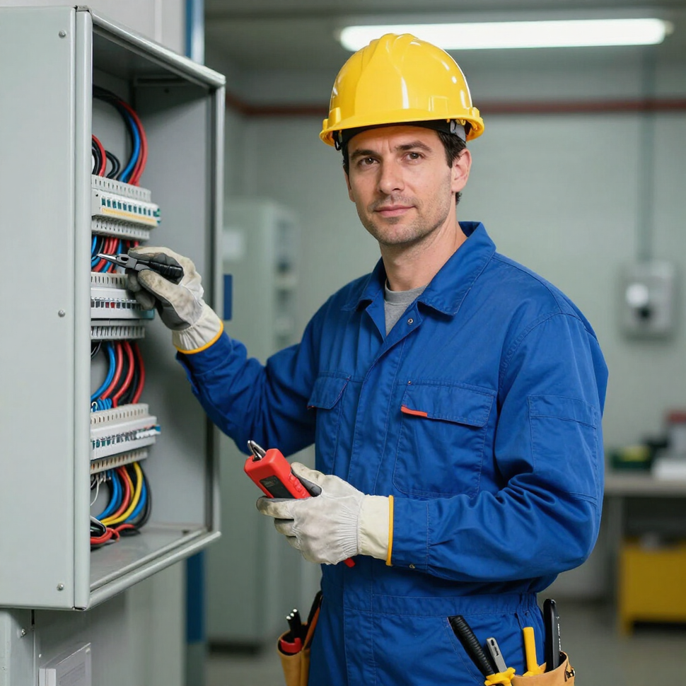 Tecnico con elmetto di sicurezza ispeziona un quadro elettrico con un multimetro in un locale industriale.