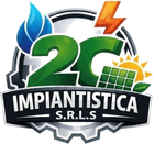 Logo di 2C Impiantistica SRLS con fiamma blu, pannello solare verde, fulmine arancione e icona a forma di ingranaggio.
