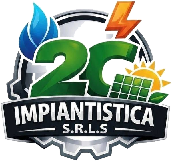 Logo di 2C Impiantistica SRLS con fiamma blu, pannello solare verde, fulmine arancione e icona a forma di ingranaggio.