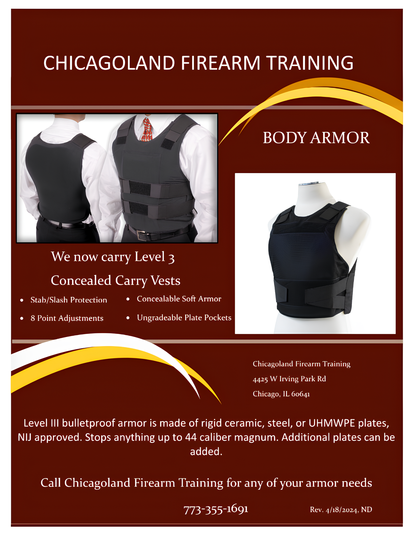 A flyer for chicagoland firearm training body armor