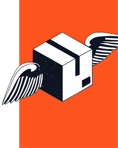 A box with wings is flying through the air.