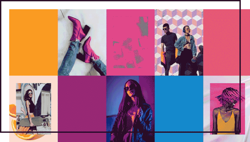 A collage of colorful images of people and a woman.