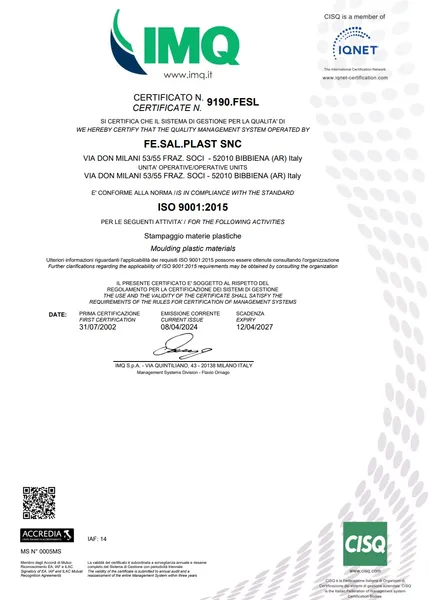 Documento di certificazione con i loghi IMQ e CISQ su sfondo bianco, contenente testo ufficiale e firme.