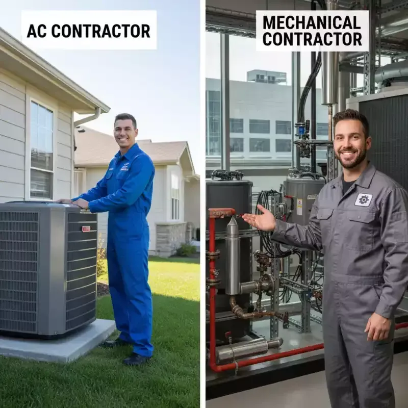 AC contractor beside outdoor HVAC unit; mechanical contractor beside indoor piping and equipment.