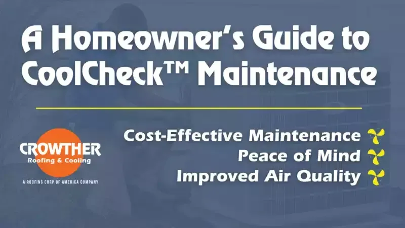 Blue promo graphic for A Homeowner’s Guide to CoolCheck maintenance, with Cost-Effective Maintenance, Peace of Mind, and Improved Air Quality text