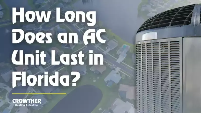 Text graphic asking “How Long Does an AC Unit Last in Florida?” beside an outdoor AC unit