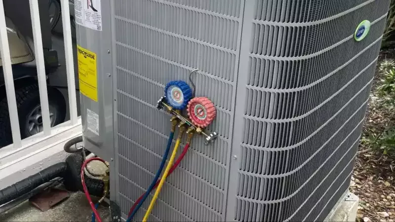 HVAC outdoor unit with blue and red gauge manifold connected to refrigerant lines